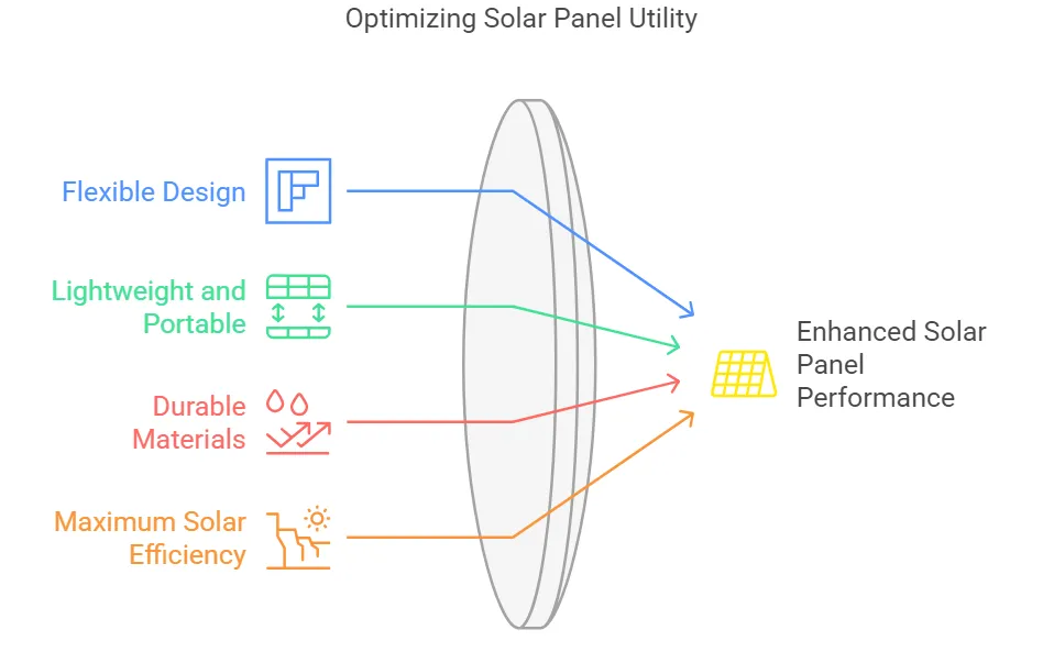 A diagram illustrating the benefits of custom flexible solar panel mounts, including flexible design, lightweight portability, durable materials, and maximum solar efficiency for enhanced solar panel performance.