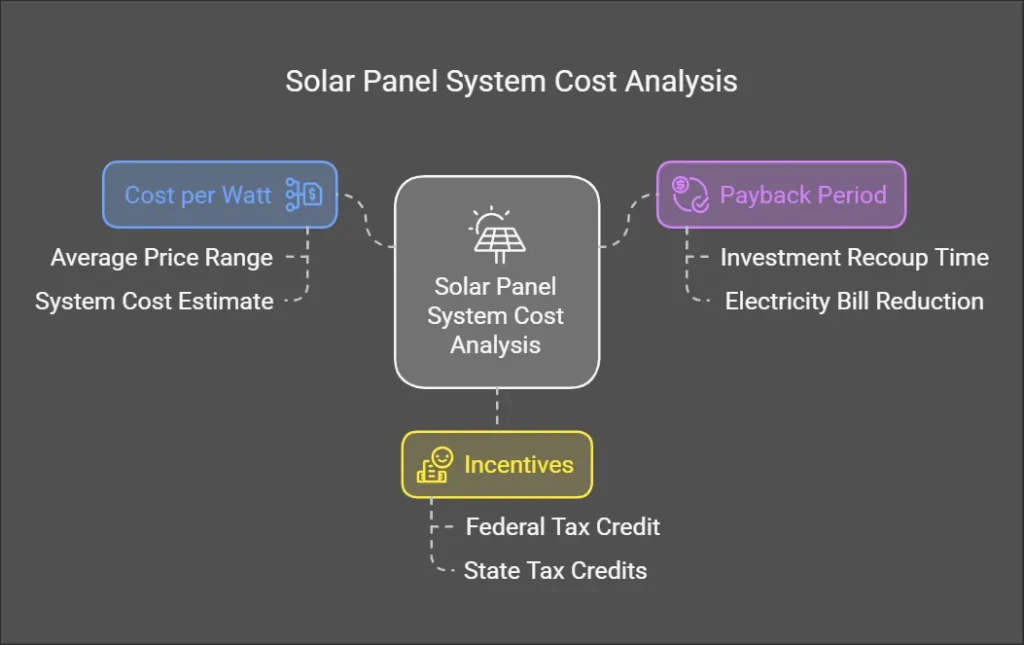 Solar panel system cost analysis showing cost per watt, payback period, and incentives for achieving 4.863 kW.