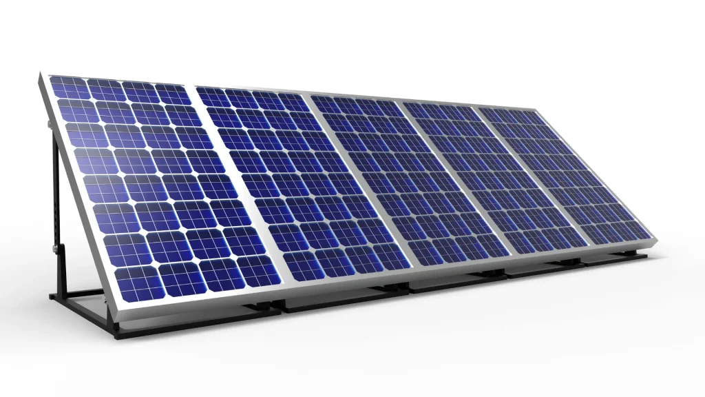  A ground-based solar setup with multiple solar panels, supported by custom flexible solar panel mounts.