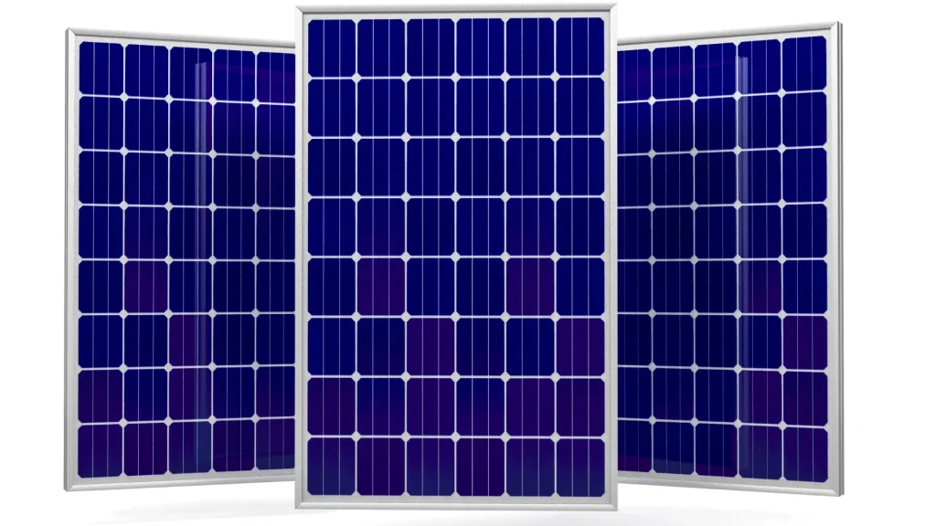 Three 100-watt solar panels arranged upright, ideal for a compact solar rack setup.