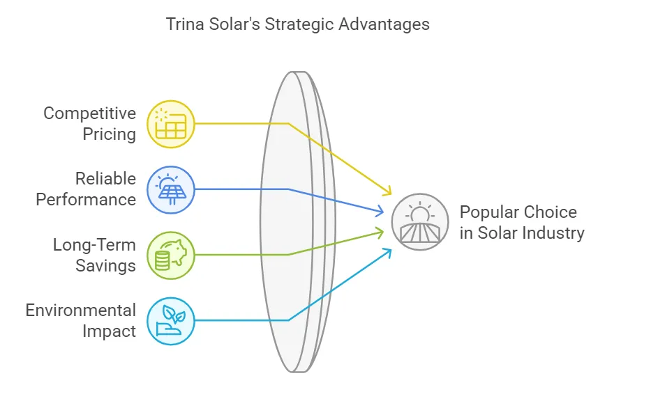 Infographic illustrating Trina Solar's strategic advantages in energy generation costs, highlighting competitive pricing, reliable performance, long-term savings, and environmental benefits.