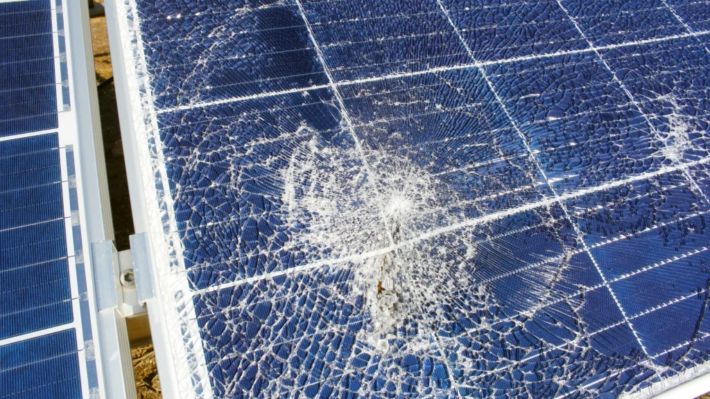 Cracked solar panel glass showing visible damage from a strong impact.