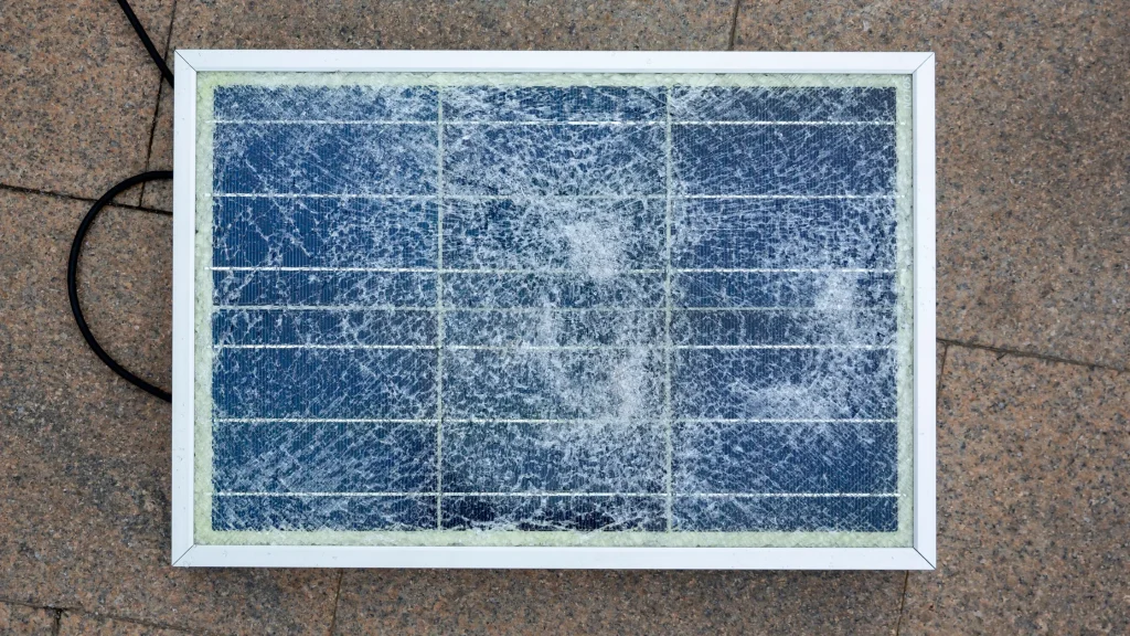 Solar panel with broken glass, showing how physical impacts can damage the panel.