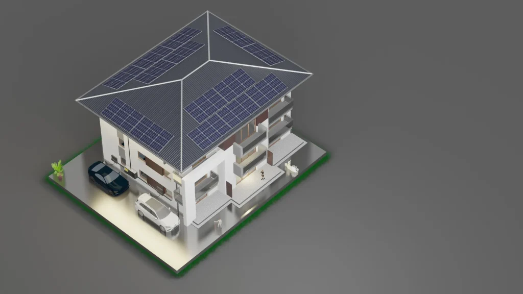 A 3D model of a house with the best 10kW solar panel kit installed on the roof for residential energy needs.