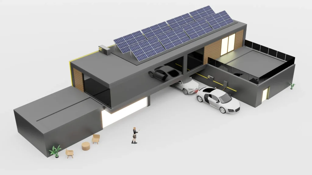 Solar carport with EV chargers, parking multiple electric vehicles beneath a large array of solar panels in a sunny outdoor area.