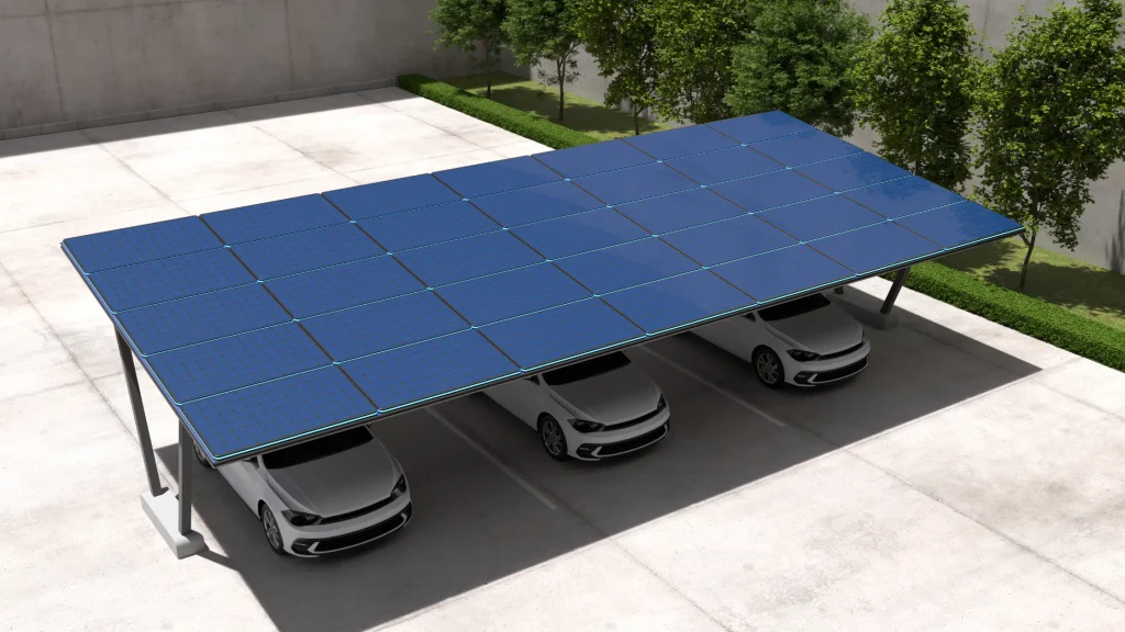 Residential EV charging station with solar-compatible control panels and storage units, featuring a sleek electric vehicle in a modern garage.