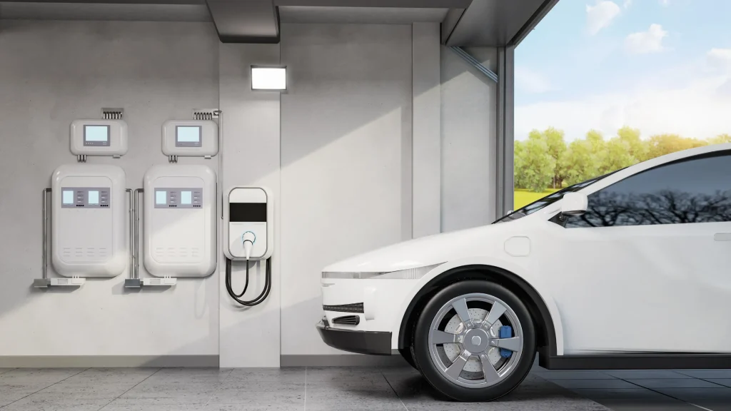 Futuristic electric vehicle at a solar-compatible EV charger with a high-tech control panel glowing in a dark setting.