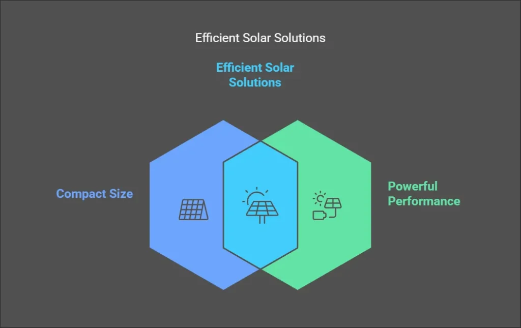 Diagram highlighting the benefits of highest wattage solar panels less than 65 inches long, including compact size and performance.